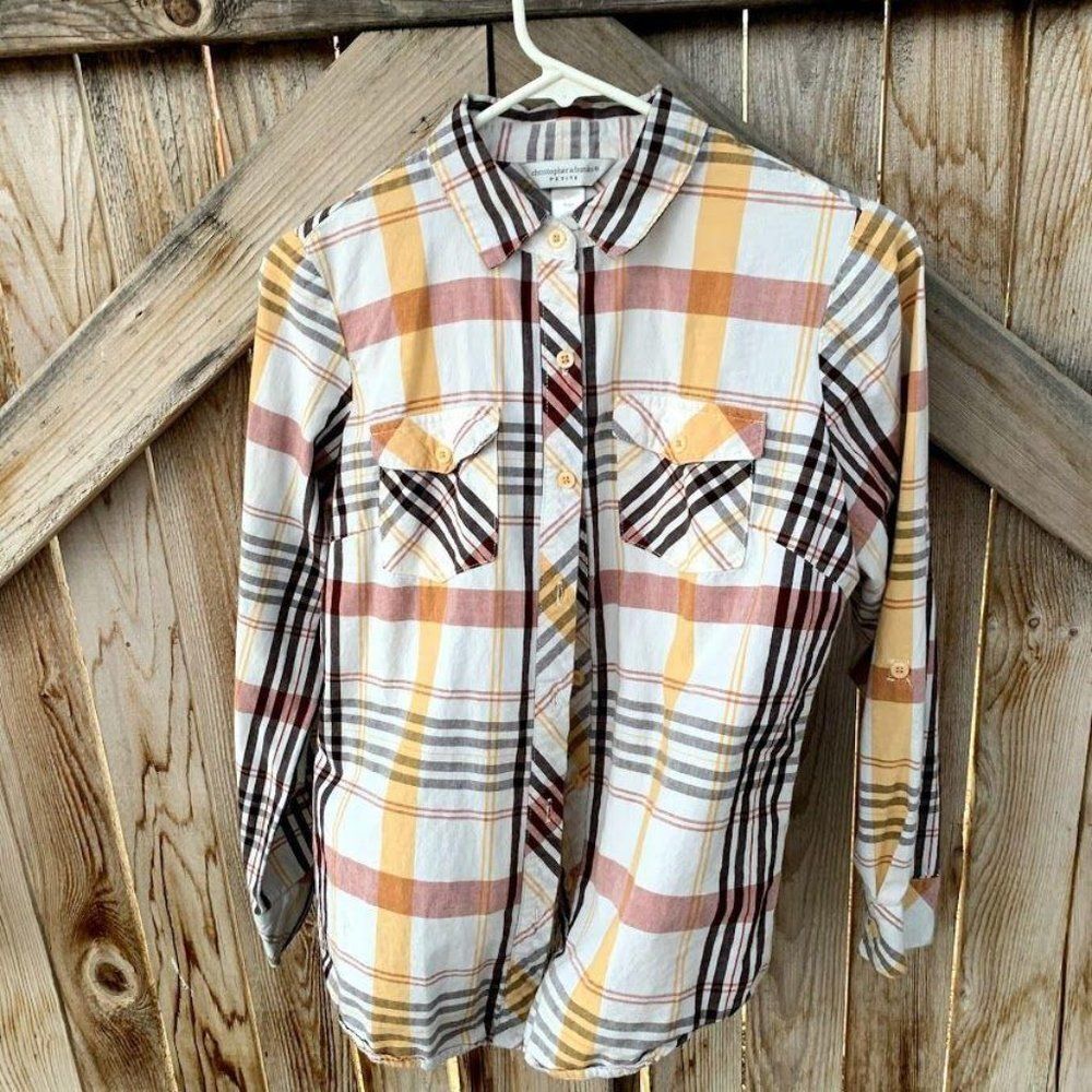 Christopher & Banks Yellow and Brown Plaid Button Down Shirt